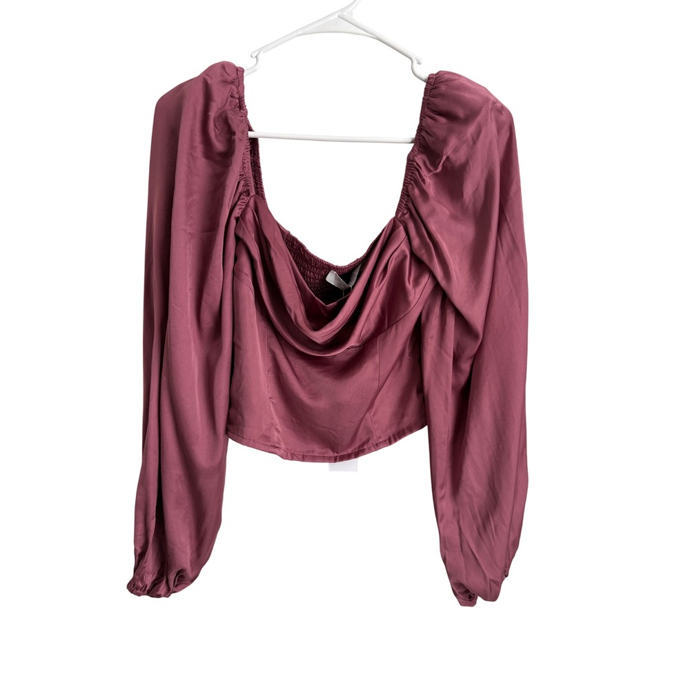 NWT ASTR The Label Plum Satin Puff Sleeve Smocked Crop Top Small
